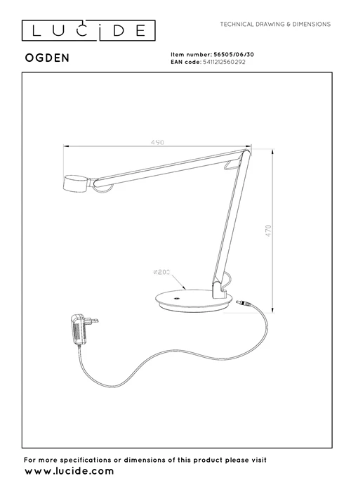 Lucide OGDEN - Bureaulamp - LED 3 StepDim - 1x7W 3000K - Zwart | Premium - technisch